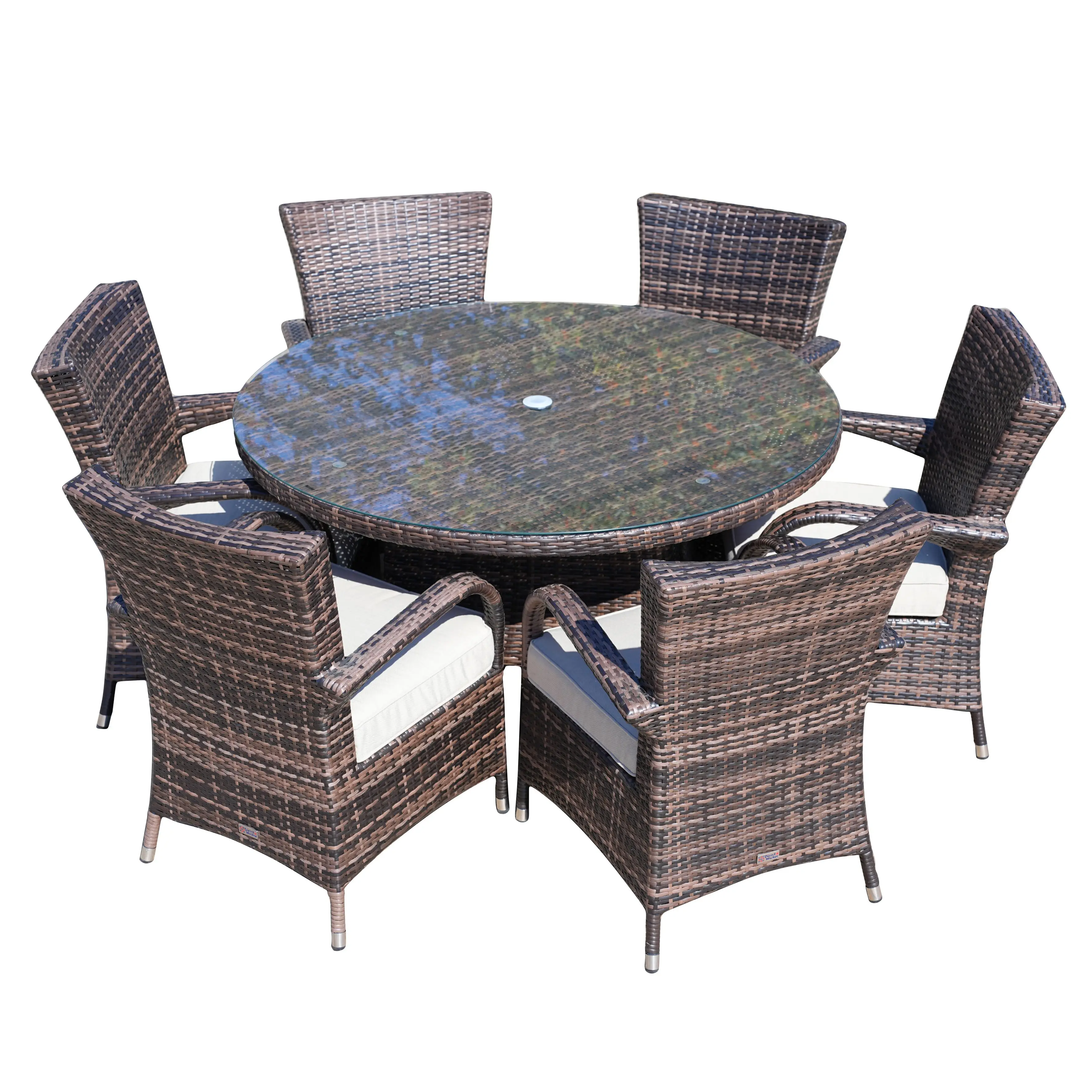 Six-seat Modern Rattan Aluminum Wicker Woven Round Dining Table With Umbrella Hole UV Resistant Foldable Outdoor Dining Set