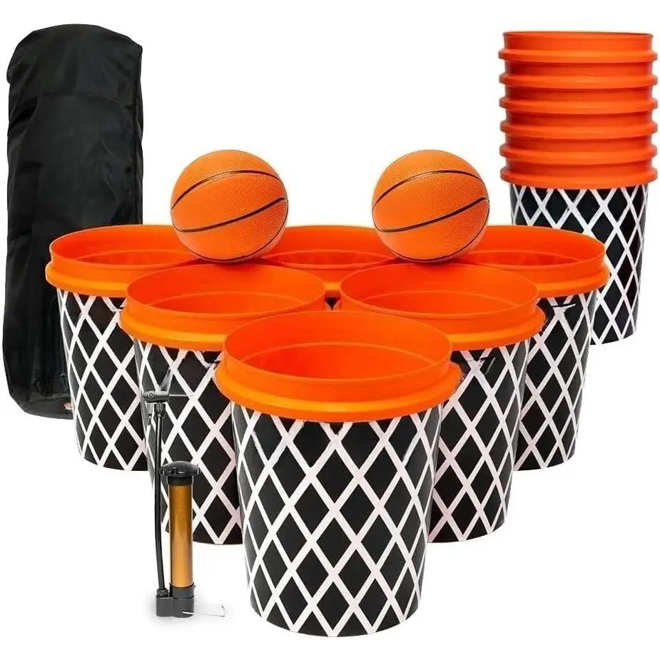 

Giant Yard Pong and Basketball Game with 12 Buckets, 2 Balls, Carrying Bag, and Air Pump – Outdoor Game for Lawn, Backyard,