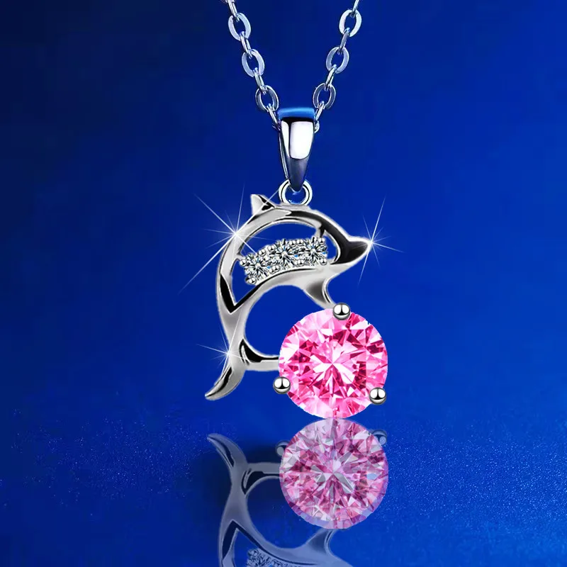 KOFSAC Romantic S925 Silver Wedding Jewelry Cubic Zirconia Four Color Dolphin Pendant Necklace For Women Valentine's Day Gift