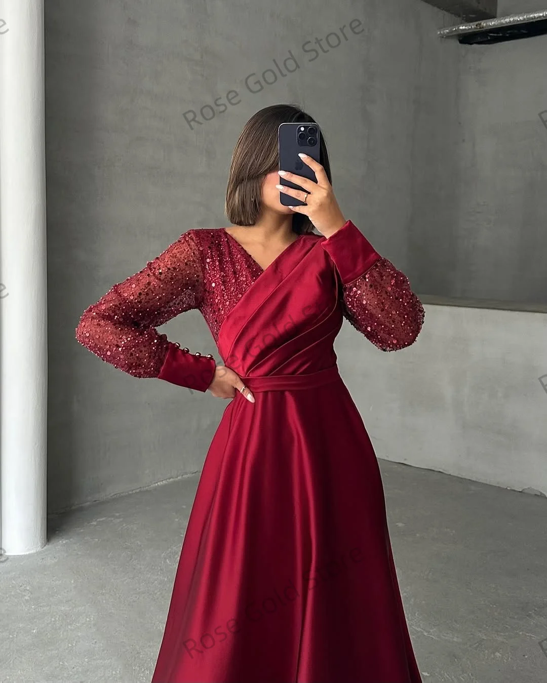 Clássico preto vestido de noite personalizado uma linha com decote em v mancha vestido de baile para festa elegante manga cheia miçangas vestido de gala