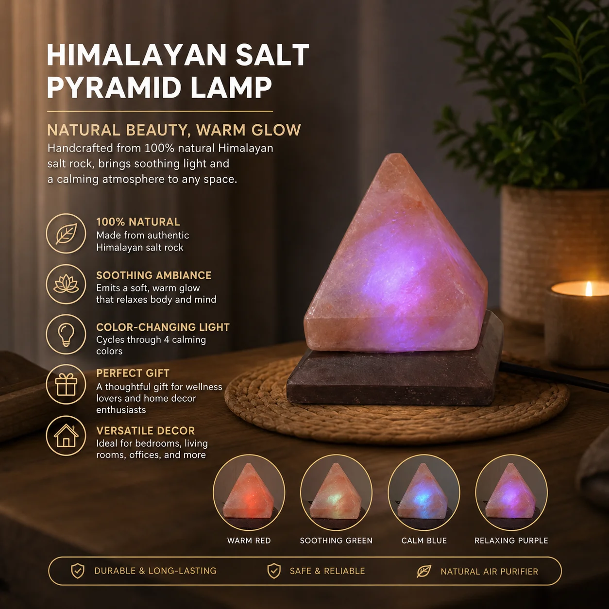 WWPPU Pyramid Himalayan Salt Lamp, Color Changing LED Night Light, Bedside Decor Table Lamp