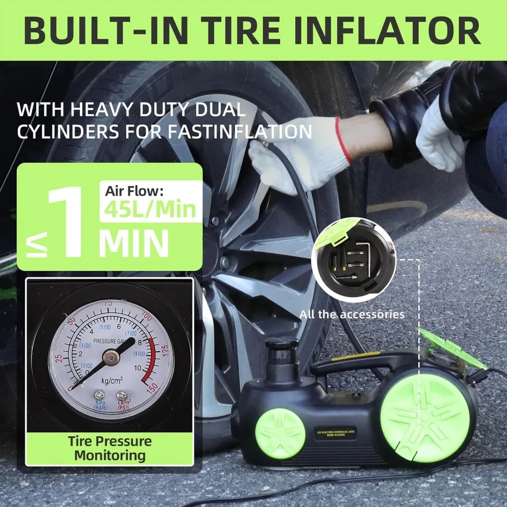 12V Portable Electric Hydraulic Car Jack Kit with 5 Ton Capacity, 20.9 Inch Lift Range, Impact Wrench, and Tire Inflator