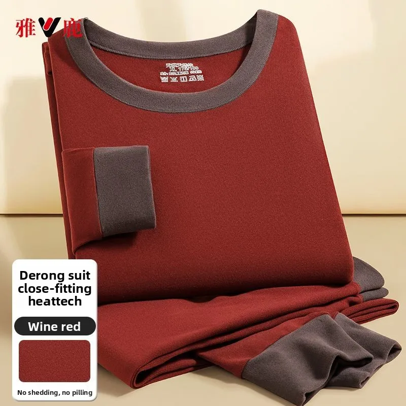 벨벳 두꺼운 남성용 보온 내의 세트 대비색 방풍 중년 및 노년용 가을 겨울 캐주얼 수트