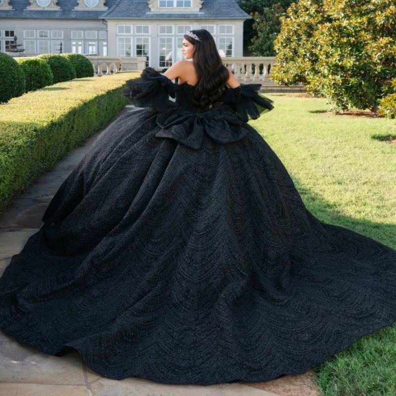 Preto brilhante quinceanera vestidos fora do ombro apliques rendas miçangas cristal tull festa de aniversário doce 16 vestido vestidos 15 de