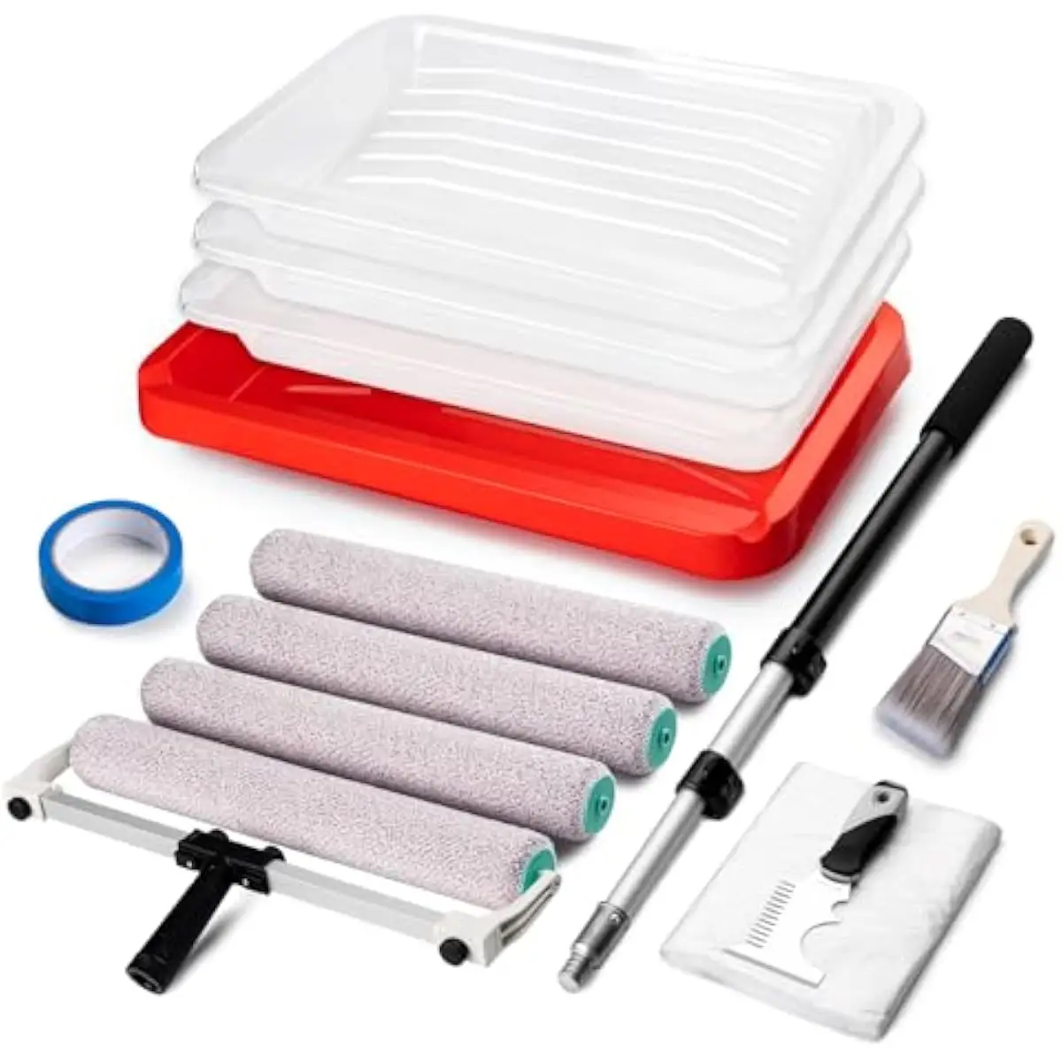 14-Piece Professional Painting Kit Featuring 18-Inch Roller Frame Microfiber Covers Oversized Tray with Liners 4-Foot Adjustable