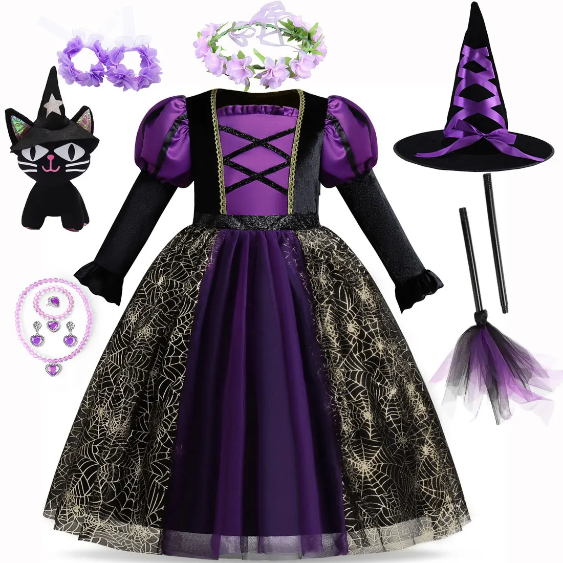 Halloween Party Purple Witch Dress for Little Girl Role Play Villain Hag Wizard Gown With Hat Toddler Girl Halloween Witch Dress