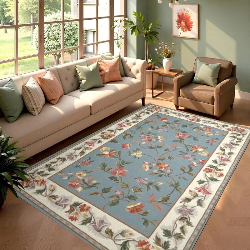 Blue Base Floral Area Rug, Vintage Garden Flower Print Floor Mat, Traditional Indoor Decor Carpet