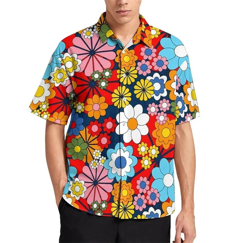 Full Print Colorful Flower Graphic Blouses For Men Clothes 3D Printed Bright Floral Beach Vacation Shirts Short Sleeve Tee Tops