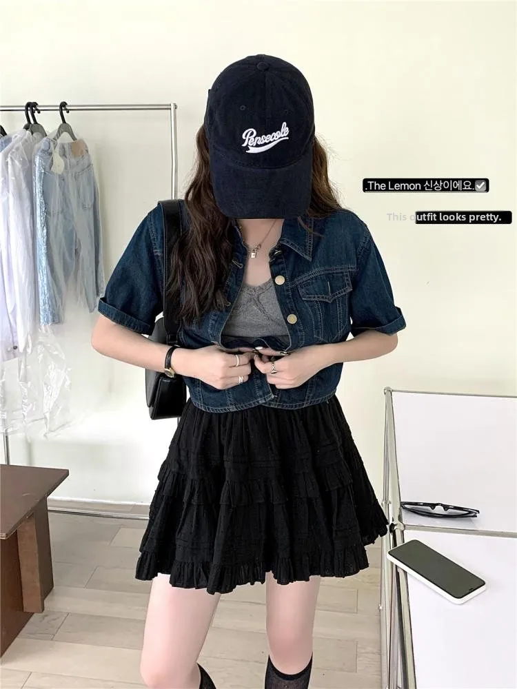 

Retro Denim Vest Women's 2025 New Summer Spring Layered irt Casual Svel oulder Pad Thin Outerwear Top