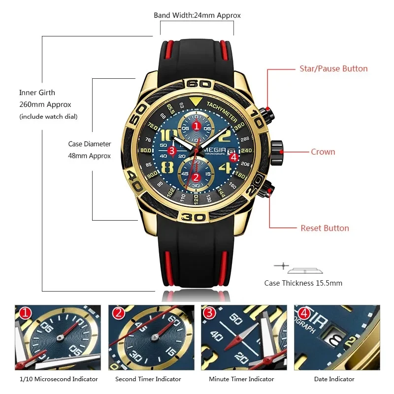 MEGIR 2045 Men\'s Quartz Watch Multifunctional Chronograph Calendar Sports Racing Series Waterproof Silicone Strap Wristwatch