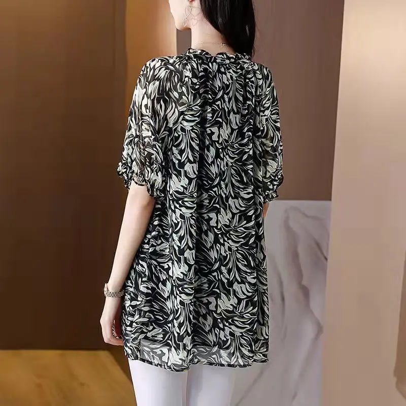 Casual Loose V-Neck Chiffon Blusa Vintage Impresso Verão Ruffles Emendado Vestuário Feminino Moda Comutar Cordão Bow Shirt