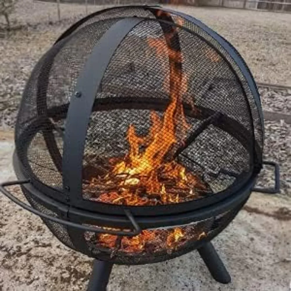 35-Zoll-Außenfeuer mit Grill, kugelförmiger großer runder Grube, Terrassenkamin, verwendet für Camping, Lagerfeuer und Picknick