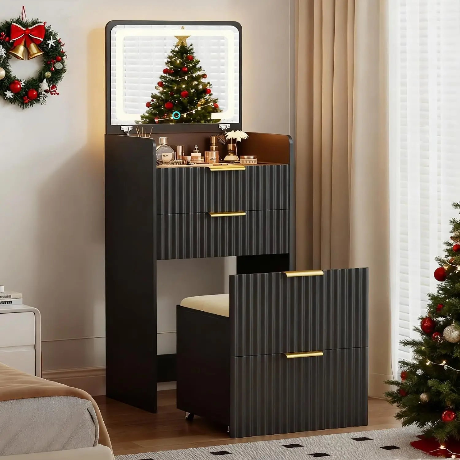 LED Vanity with Flip Top Mirror, 3 in 1 Small Makeup Desk with Glass Desktop, Compact Dressing Table with Storage, Customized