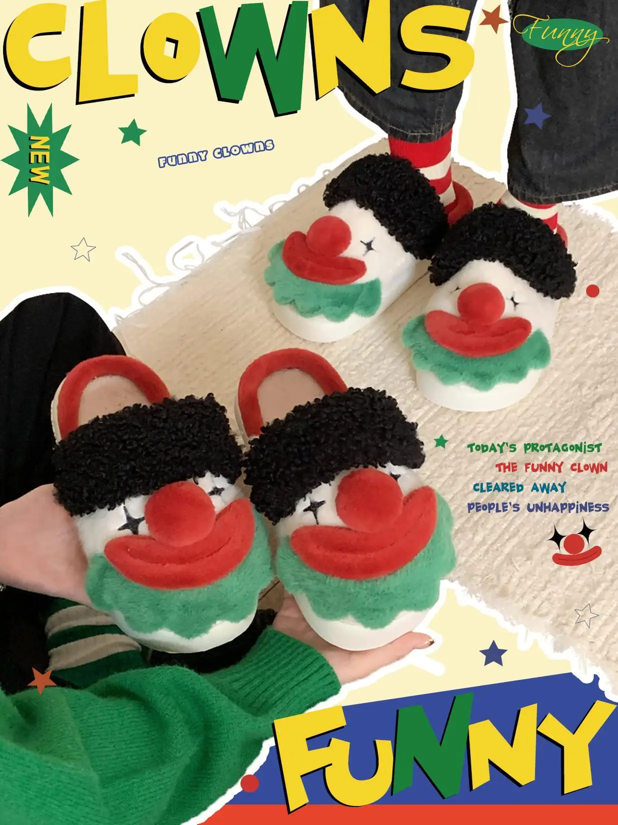 Leuke Clown Katoenen Slippers Voor Mannen En Vrouwen Winter Thuis Fluweel Voor Warmte Anti Slip Dikke Bodem Indoor Huishoudelijke Slippers