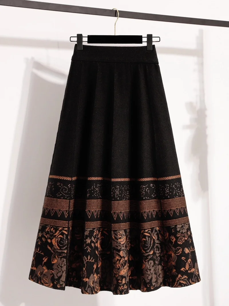 

Ethnic Style Wool Knitted Skirt For Women Autumn And Winter Thick High Waist Elastic A-Line Umbrella Skirt Vintage W956