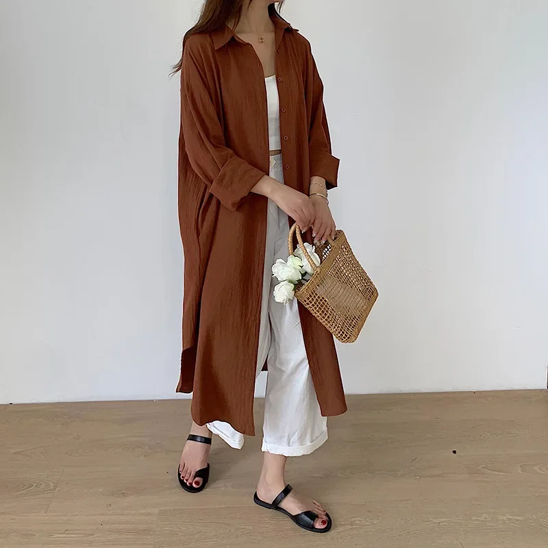 TFETTERS-Long Shirt Dresses for Women Casual Loose Long Sleeve Shirt X-Long Knee-Length Button Up Coat Korean Fashion clothes