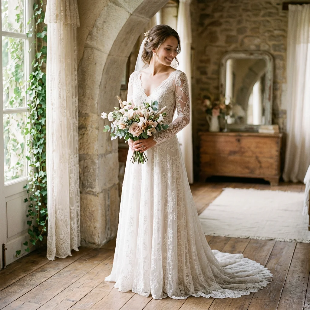 V Neck Long Sleeve Floral Lace A Line Wedding Dress with Lace Hem Chapel Train Bridal Gown
