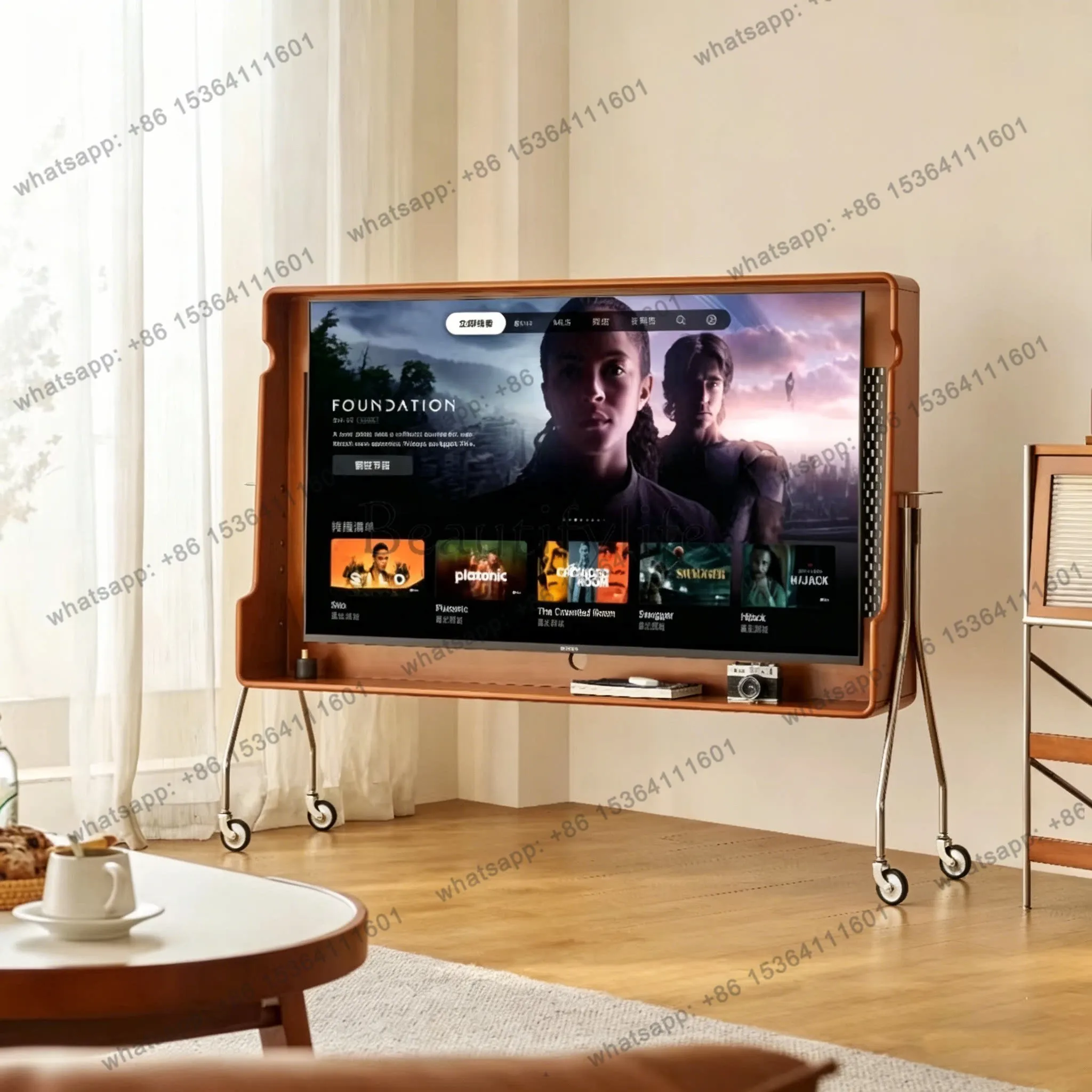 

Medieval solid wood removable TV cabinet retro home TV stand with roller