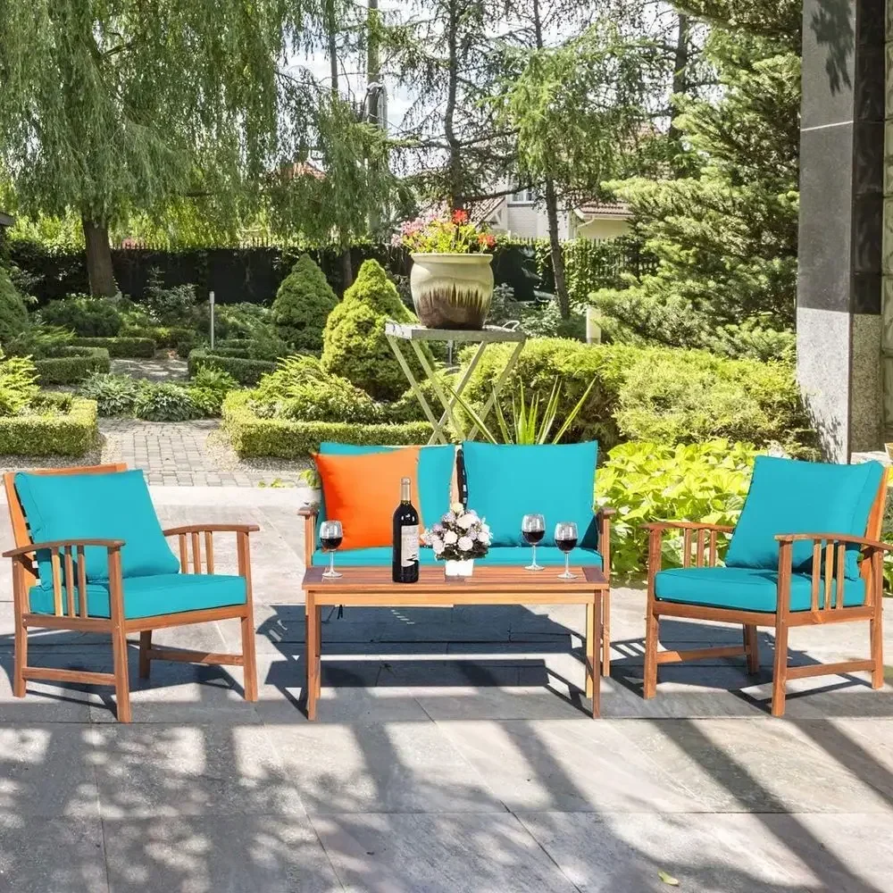 4-Piece Acacia Patio Furniture Set with Gray Cushions and Back Pillows for Outdoor, Backyard, or Poolside Use (Turquoise)