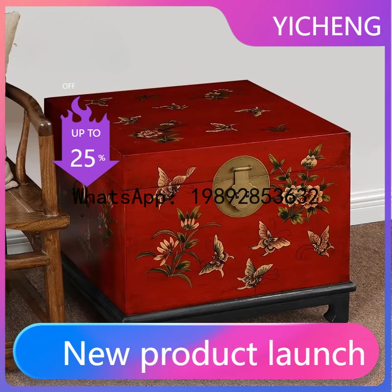 HZChinese Camphor Wood Painted Storage Box Vintage Hand Painted Dowry Chest Living Room Side Table