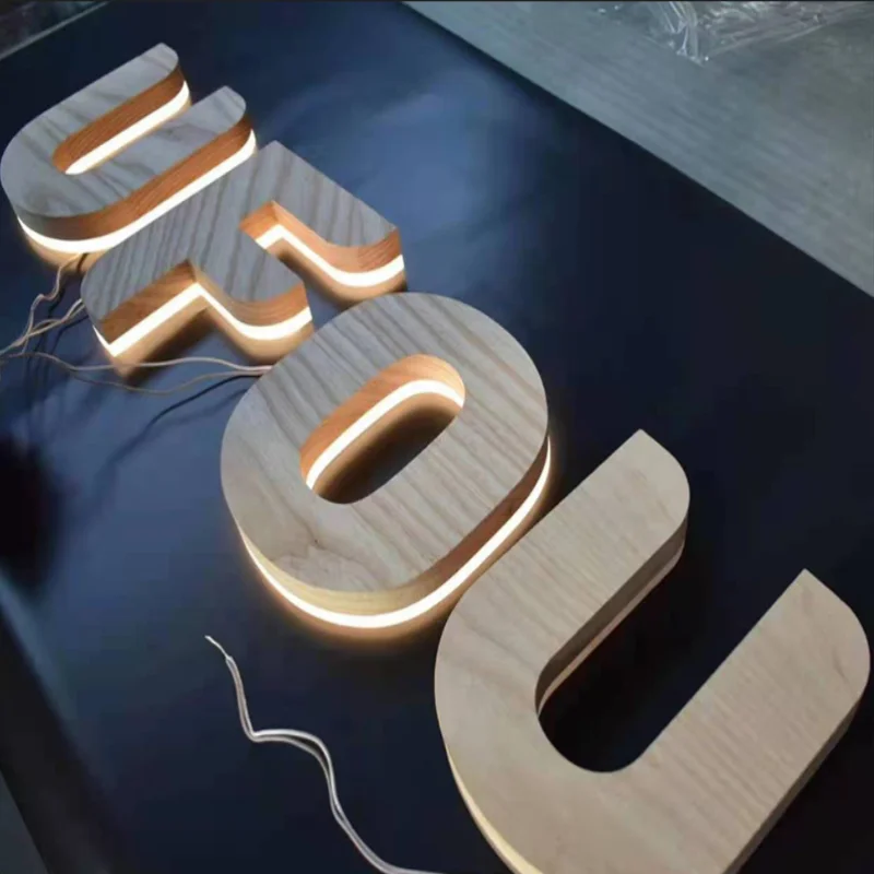 

Outdoor waterproof imitate wood grain back lit stainless steel letters, newest halo lit retro metal shop LED letter sign