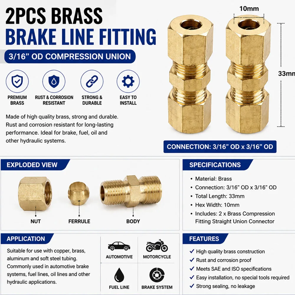 2pcs Brake Line Connector Brake Hose Fittings 3/16
