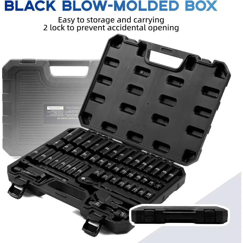 مجموعة مقابس محرك 50 قطعة 3/8 بوصة، SAE (5/16 بوصة - 3/4 بوصة) ومترية (8 مم - 22 مم)، عميق وضحل، مفتاح ربط بسقاطة 72 سنًا، قضبان تمديد