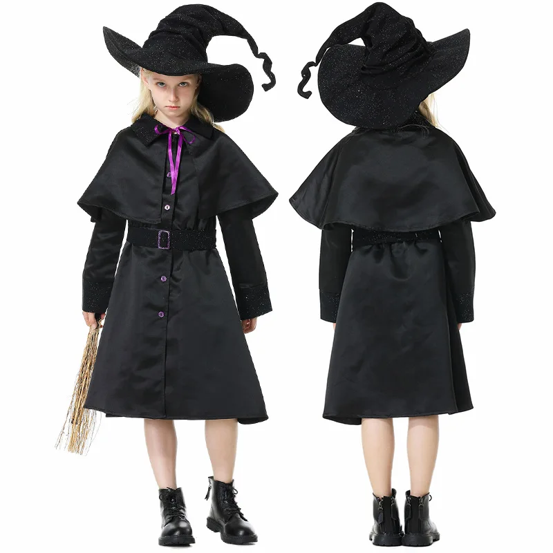 Adult Kids Black Magician Wizard and Witch Cosplay Costume with Hat Halloween Party Masquerade Parent-child Costume Set Ecoparty