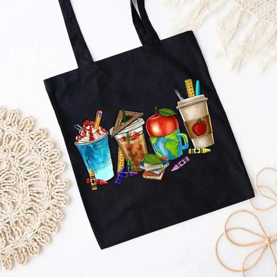 Lindo bolso de mano para profesores, bolso para libros, regalo de manzana para profesores, bolsos de hombro para profesores, diseño de bebidas y manzana, regalo para estudiantes y profesores