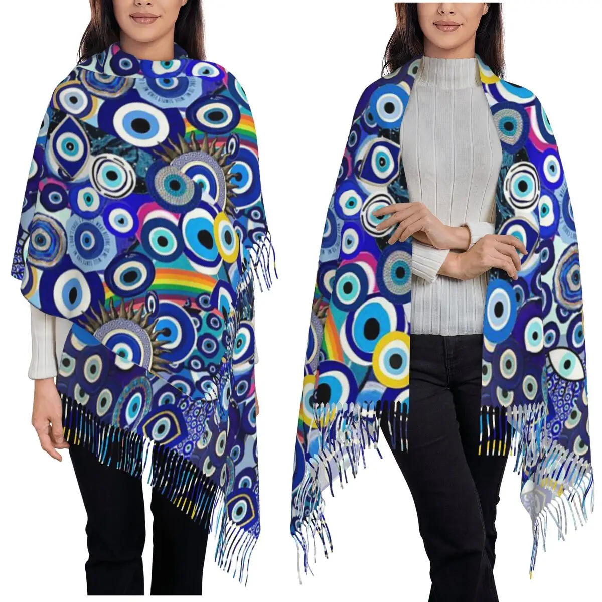 

Mediterranean Evil Eye Protection Scarf Tassel Scarves for Women Soft Warm Shawls and Wraps Large Fall Winter Shawl Wrap