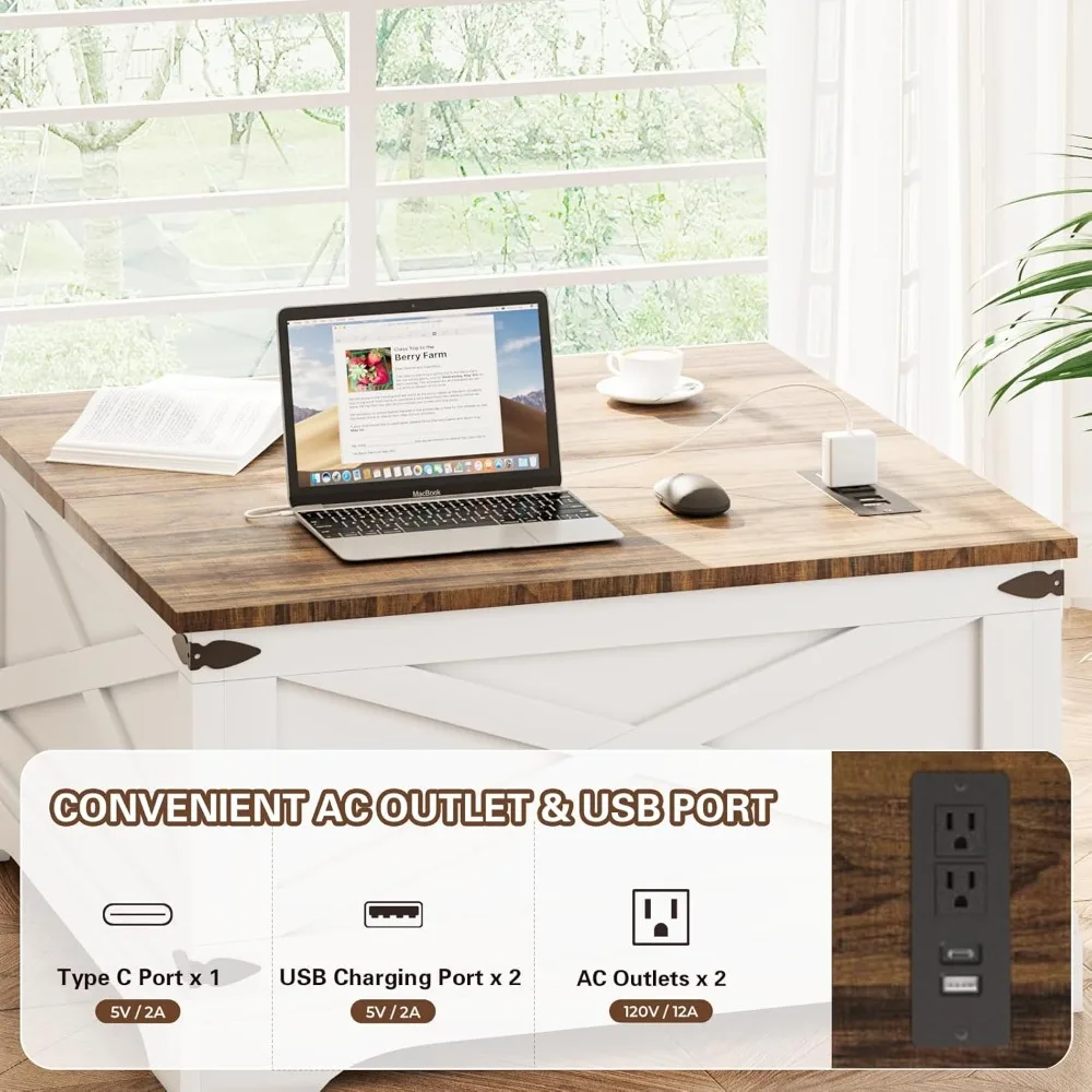 طاولة قهوة قابلة للرفع مع مساحة تخزين، طاولة قهوة مربعة لغرفة المعيشة مع منافذ شحن، طاولة طعام للمزرعة مع ارتفاع كبير