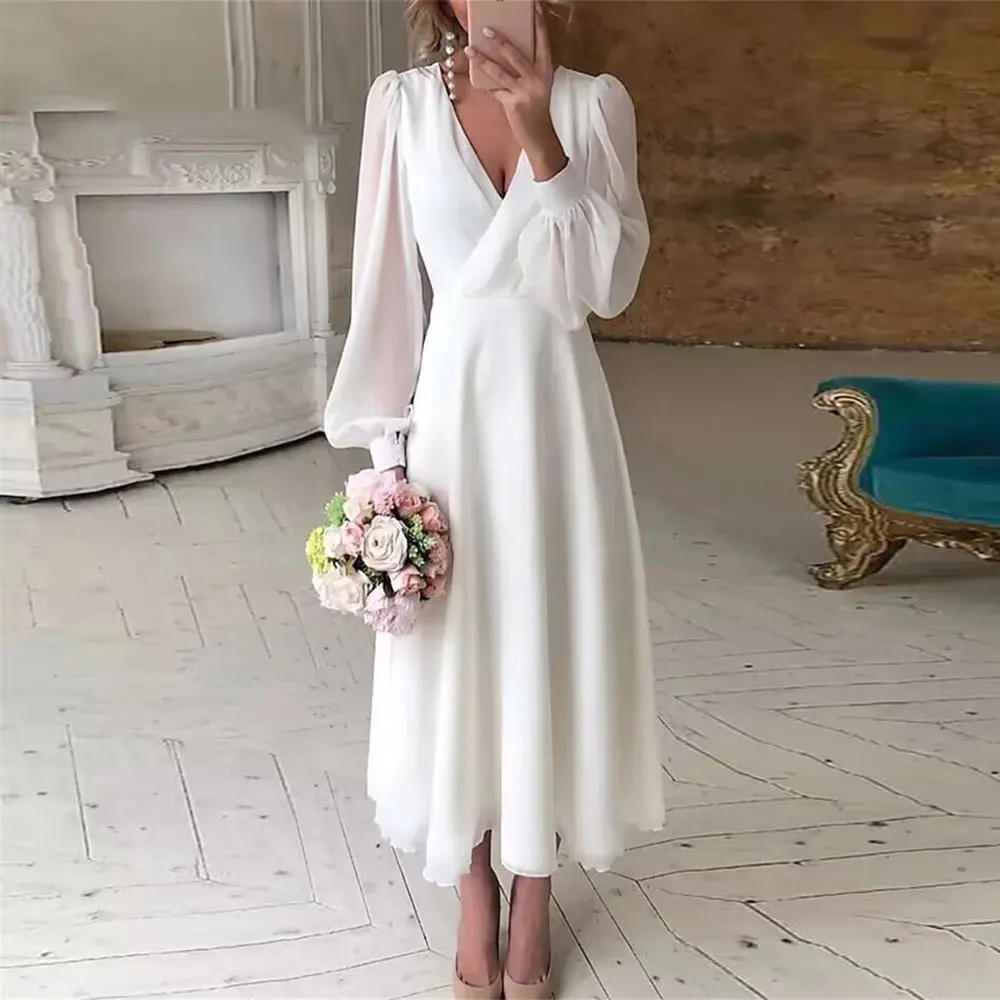 Chiffon Wedding Dress V Neck Long Puffy Sleeves Simple Bridal Gowns A-line Formal Occasion Dresses Vestidos De Novia