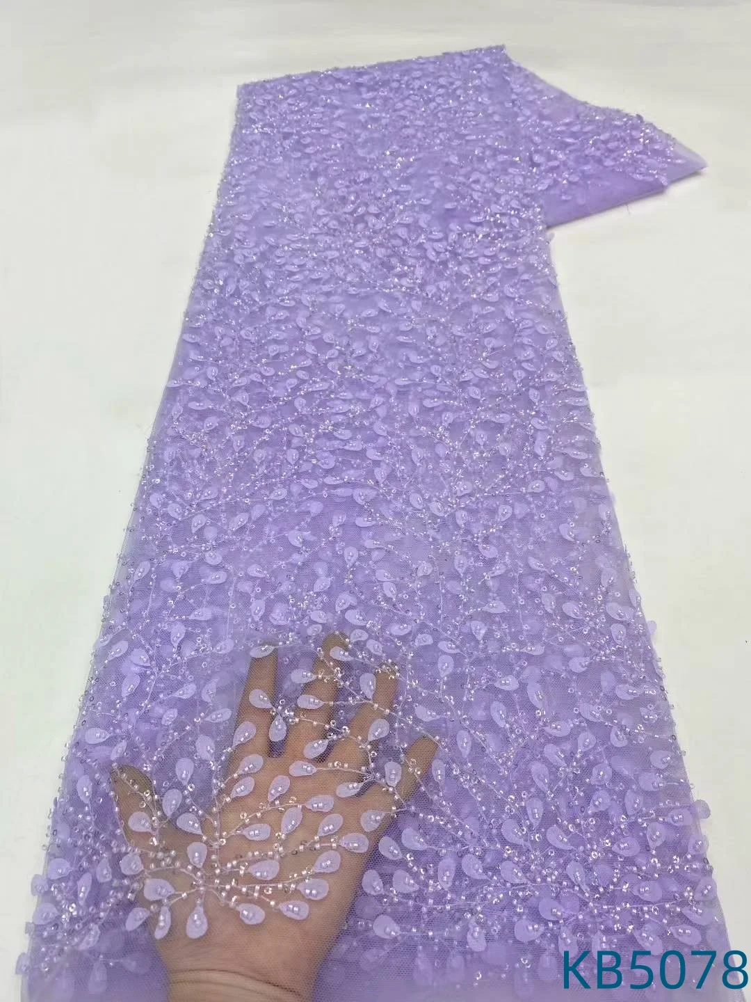 African 5 Yards White Beaded Sequence Embroidery Fabric Latest Nigerian Lace Fabrics 2025 Purple Lilac Fabric For Sewing KB5078