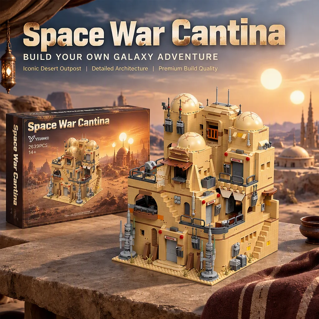 Image of 2639Teile Klemmbausteine Haus Weltraumkrieg Mosd Eisley Cantina Block Set Filmspiele MOC Weltraum-Militär Wüsten-Taverne Modulares Architektur Modelle Ziegel DIY Straßenansicht Montage Erwachsene
