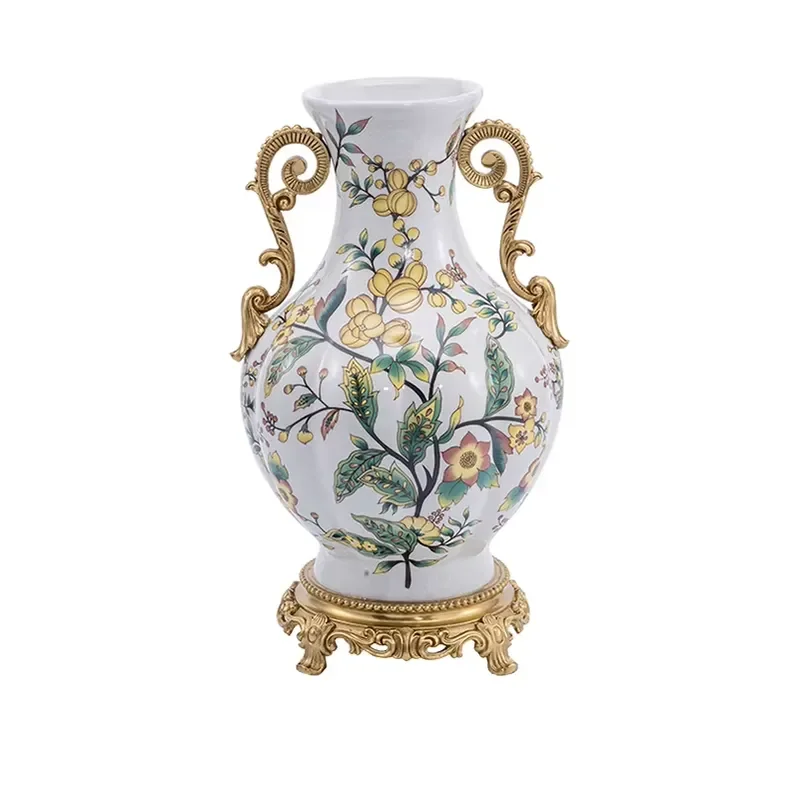 2024 Newest Creative Antique Design Brass European Style Porcelain Flower Vase for Living Room Club and Office