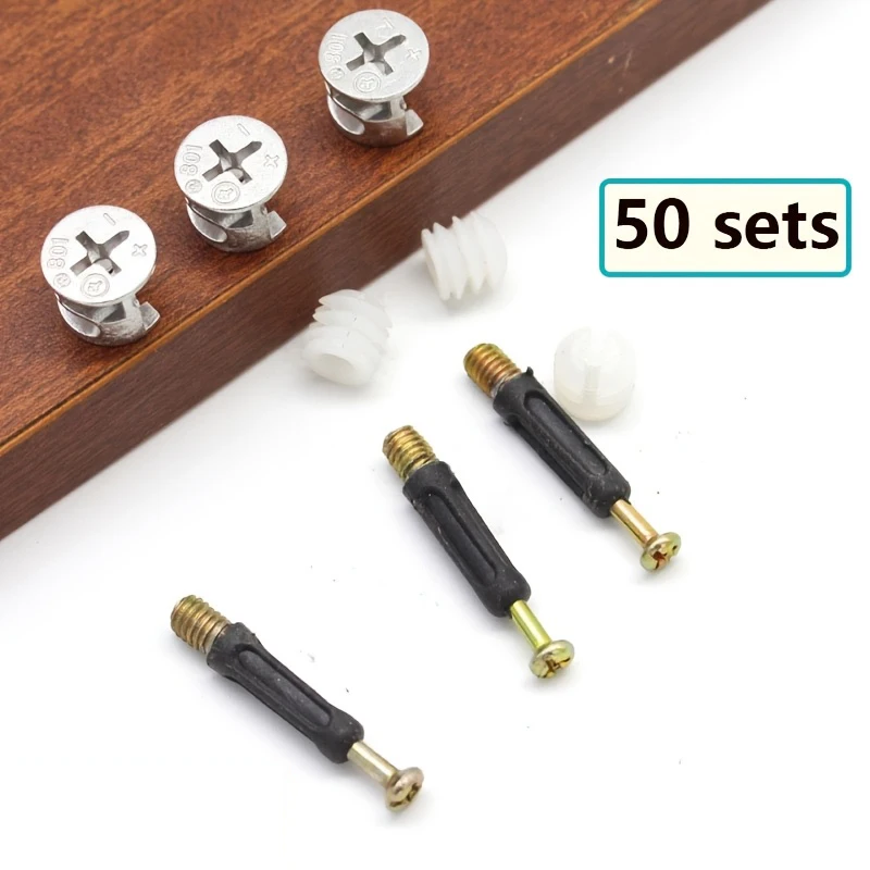 50-Pack Cam Lock Furniture Connectors, Metal 3-in-1 Quick Install Dowel Rods with Snap Nuts and Pre-Inserted Screws