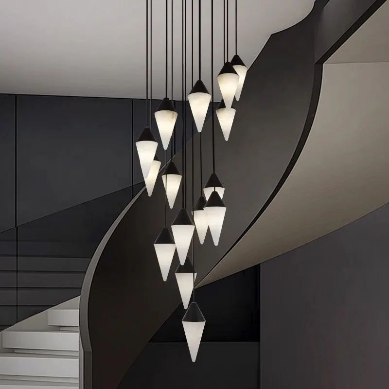 AiPaiTe Spanish Marble Chandelier Led Staircase pendant lamps black Round/conical lights Decoration for Living room dining room