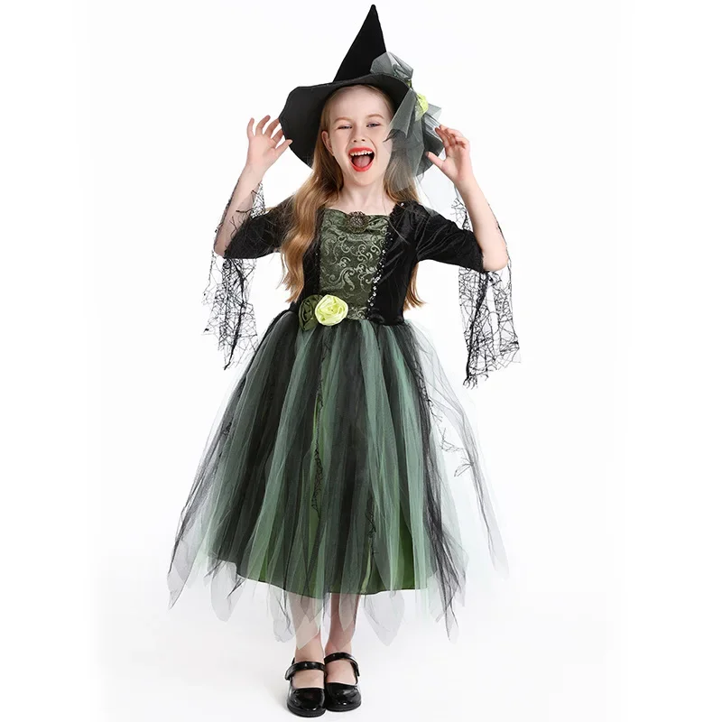 Children's Halloween Costume Green Gauze Witch Dress With Hat Camellia Cobweb Witch Holiday Dress Stage Cosplay Wear