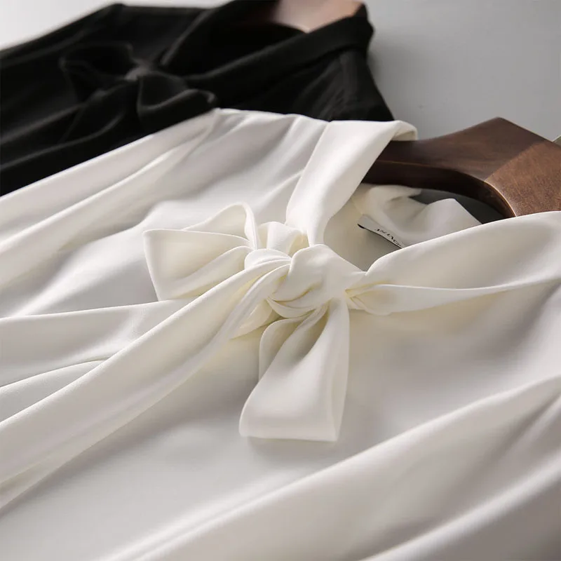 2023 Frühling Sommer Büro Dame solide elegante Chiffon Blusen Damen bekleidung Mode Schal Kragen Langarm Pullover Shirt
