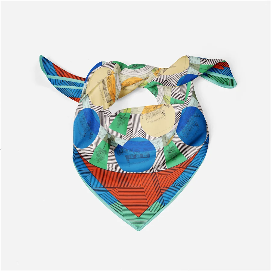 Twill Silk Scarf Woman Circle Painting Square Scarves Wraps Bandana Small Hijab Silk Foulards Tie Headband Neckerchief 53CM