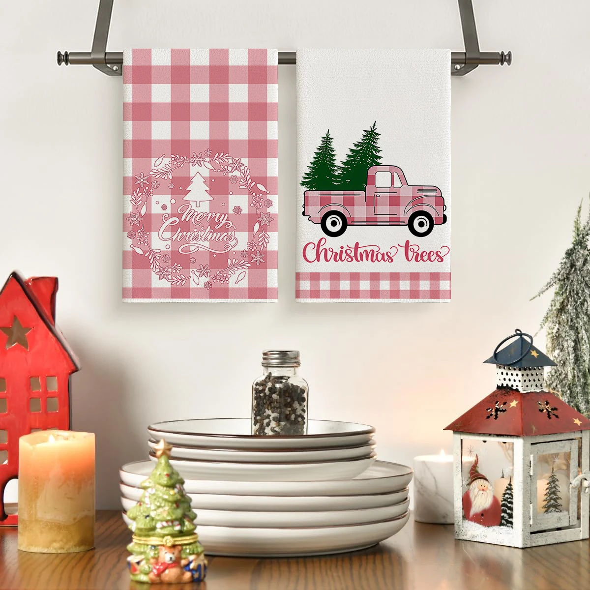 4/6 قطع من مناشف المطبخ لعيد الميلاد، شبكة الجاموس الوردي، شاحنة قزم شتوية، تصميم رجل الثلج، أطباق بنمط مطبوع، سهلة التنظيف #4