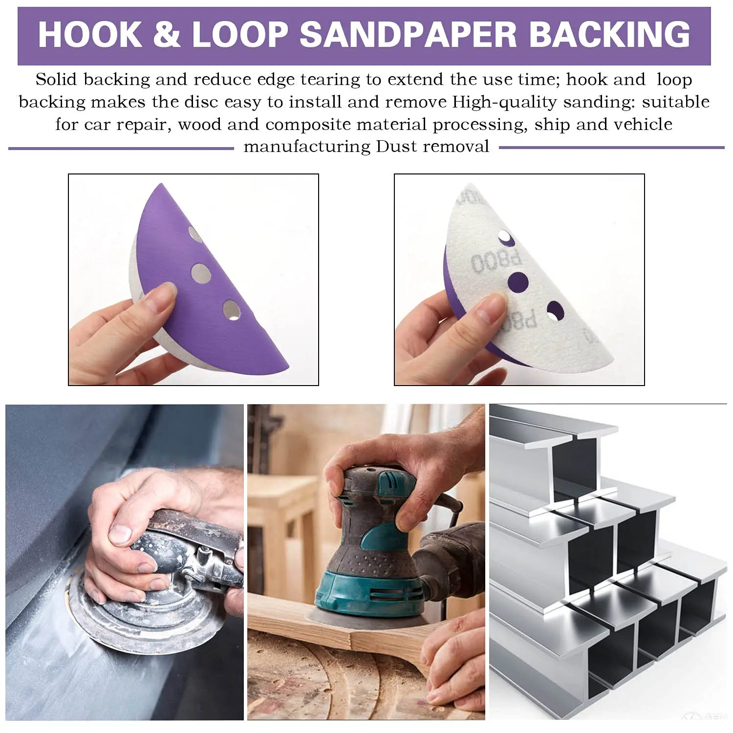 90 Pcs Sanding Paper Kit 5 Inch 8 Holes Hook & Loop 60-800 Grit Assorted Professional Purple orbital sandpaper Coarser to Finer