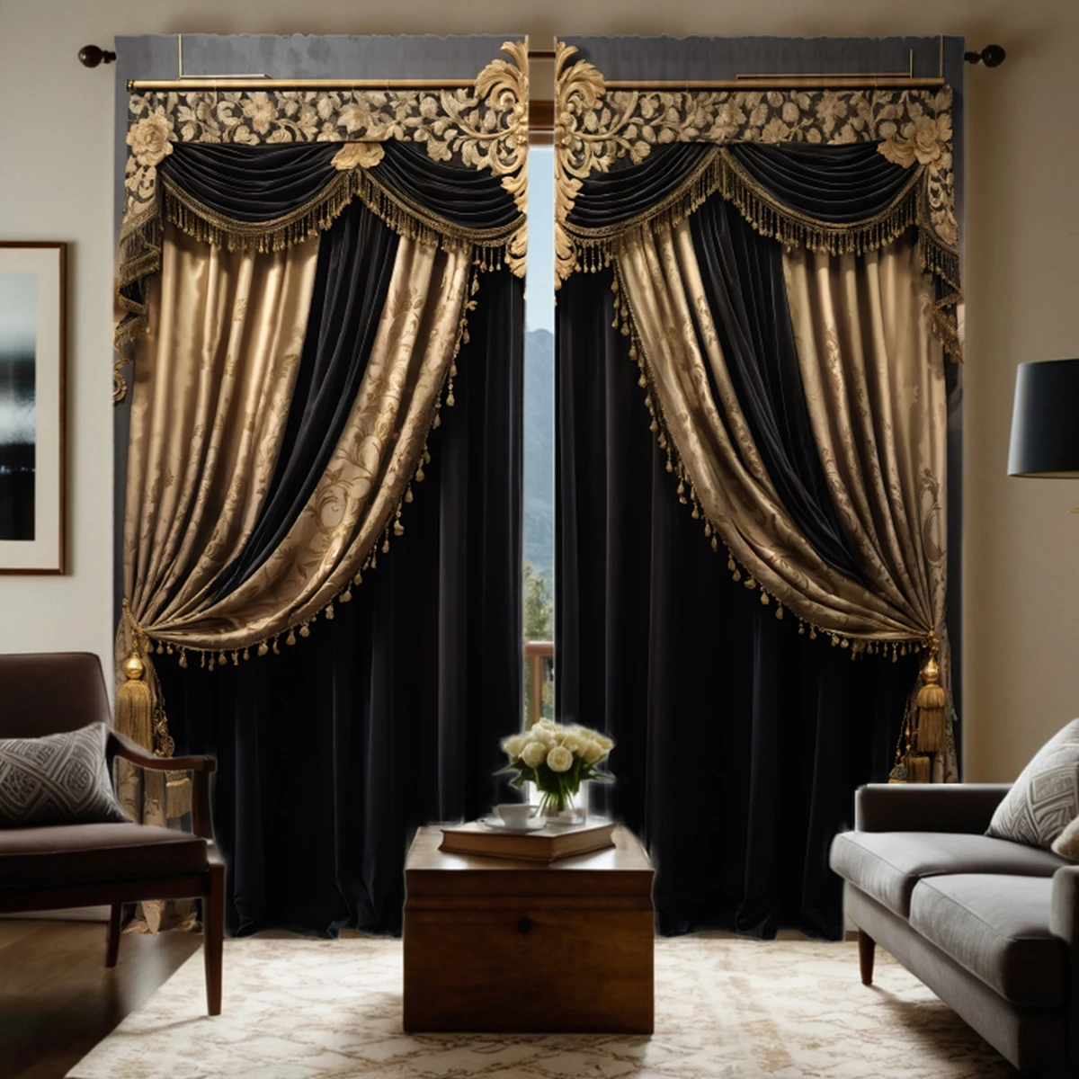 

2 pieces of HD digital black European luxury luxury curtain home decoration style decoration living room bedroom rod curtain eff