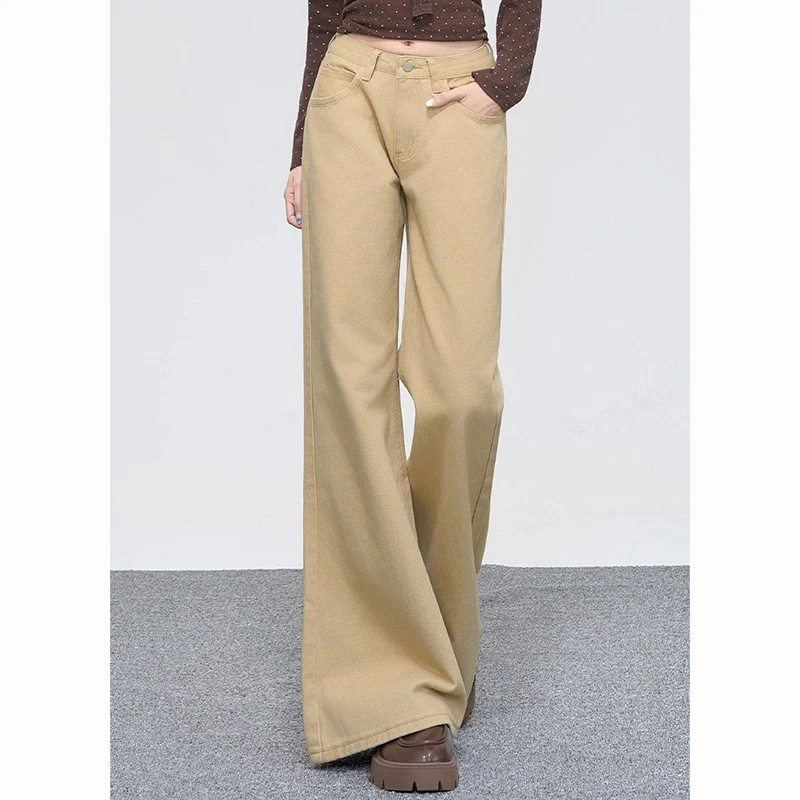 Pantalones vaqueros clásicos de cintura alta para mujer, color caqui, moda Retro, pantalones vaqueros para niñas, pantalones de pierna recta finos informales coreanos