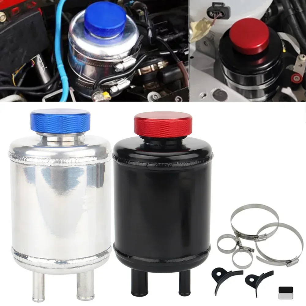 Racing Power Steering Fluid Reservoir Tank with Clamps Aluminium Alloy Fuel Cell Surge Tank Power Steering Oil Catch Can Tank