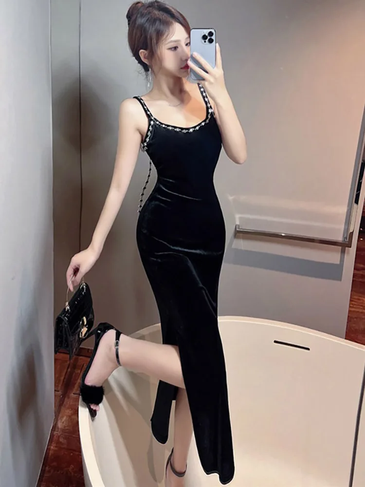 

Women Korean Vintage Hepburn Luxury Long Dress Summer Black Velvet Chic Bow Diamonds Sling Sexy Dress 2025 Elegant Bodycon Gown