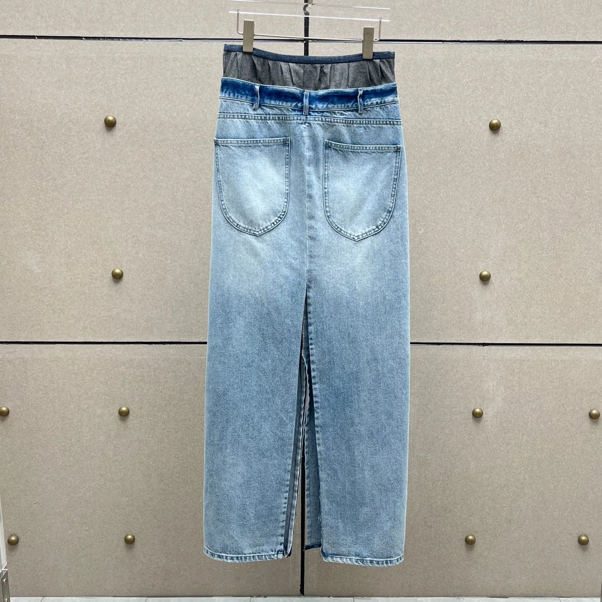 High Quality Women Faux Two‑Piece Denim Midi Skirt Elastic Pleated Waist Back Split Washed Long Jean Skirt