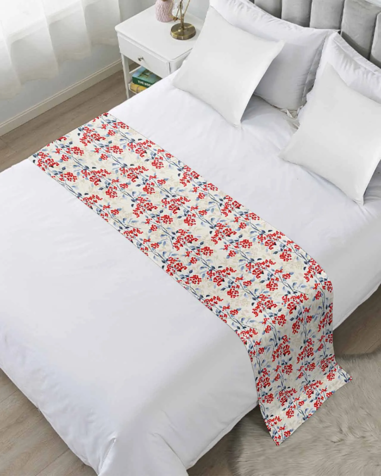 

Red Berry Fruit Flowers Plant Bed Runner Luxury Hotel Bed Tail Scarf Decorative Cloth Home Bedroom