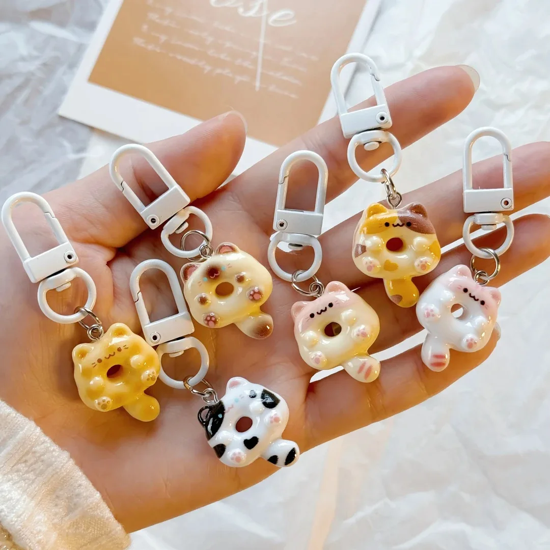 

10pcs Cute cat donut Charms keychain fun cartoon food game for Jewelry Making bag pendant couple girlfriend gift accessories