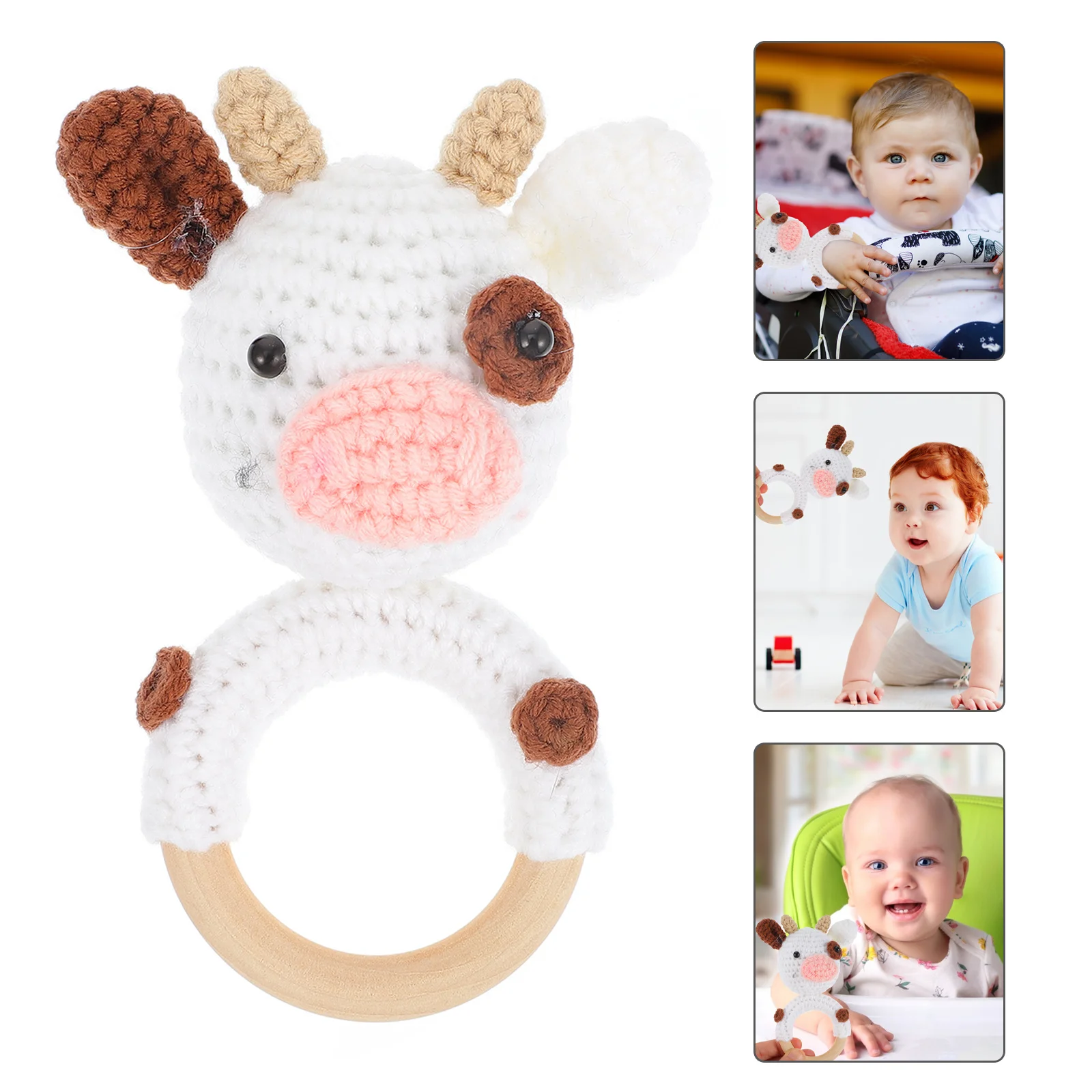 Drewniany gryzak montowany na wysokiej jakości kółku, tkany wzór, delikatny dźwięk do zabawy sensorycznej niemowląt.